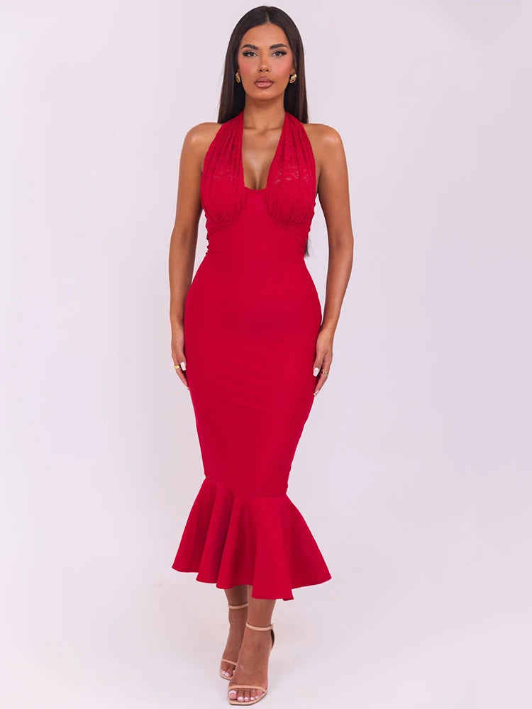 Sleeveless Fishtail Women Halter Deep V Neck Backless Bodycon Party Sexy Long Dress