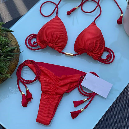 Woman Sexy Bathing Solid Triangle Adjustable Bandage Bikini Swimwear Swimsuit Beachwear