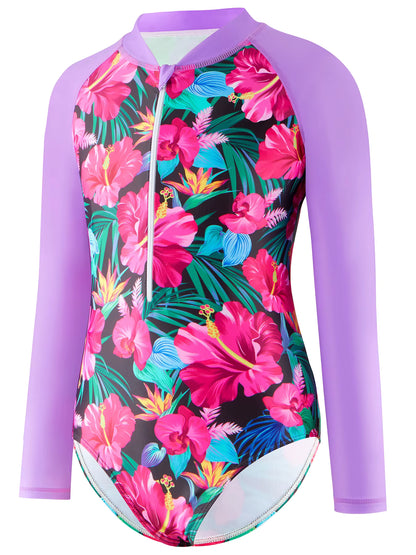 Girls Kids One Piece Long Sleeve Floral Print Bikini Cut Bottom Swimwear Beach Swim