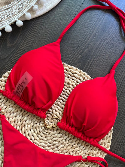 Solid Color Bikini Low Waist Lace-up Fashionable Swimsuit Two-piece Suit