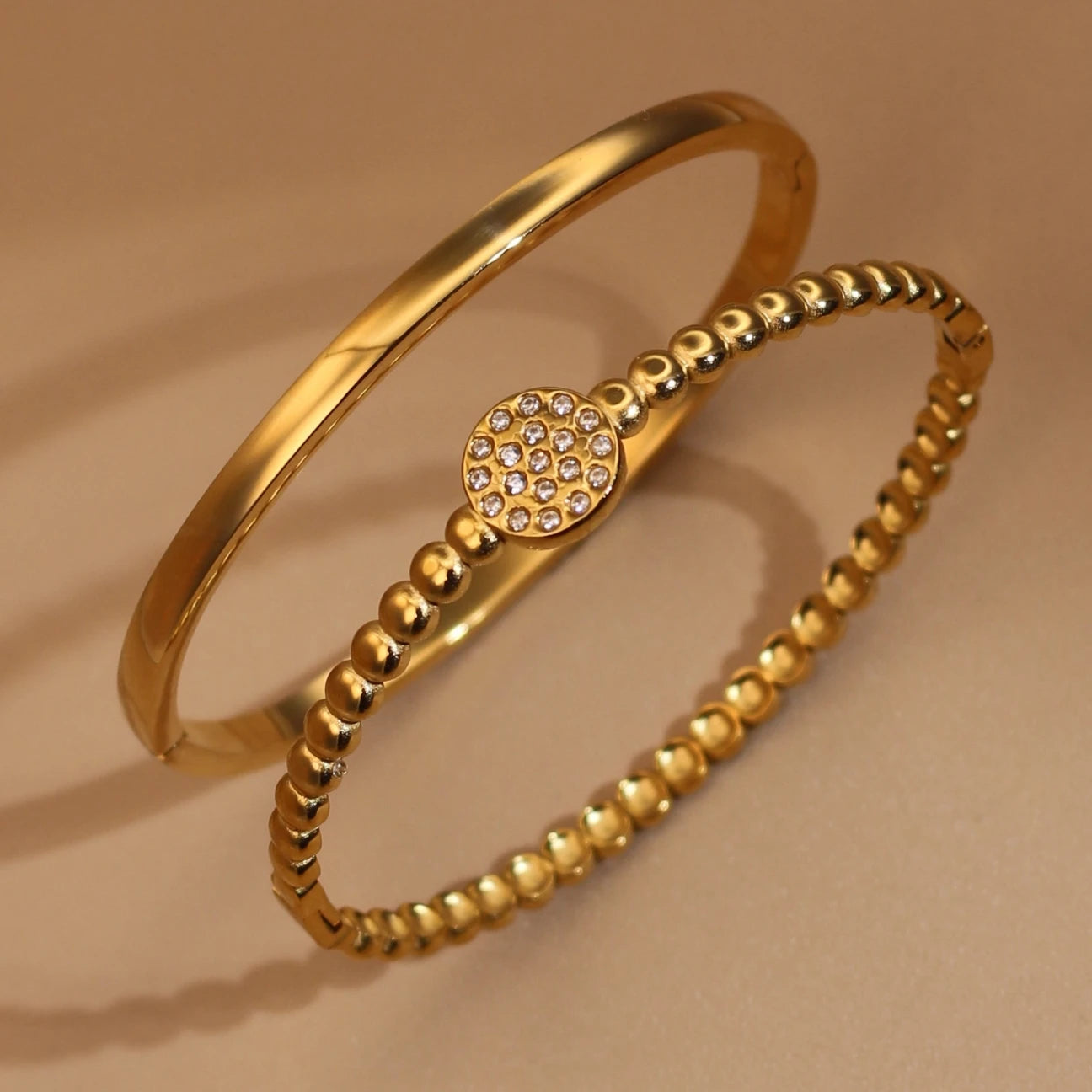 Women Fashion 2-in-1 Plated 18K Gold Zircon Stainless Steel Designer Bracelet Bangle