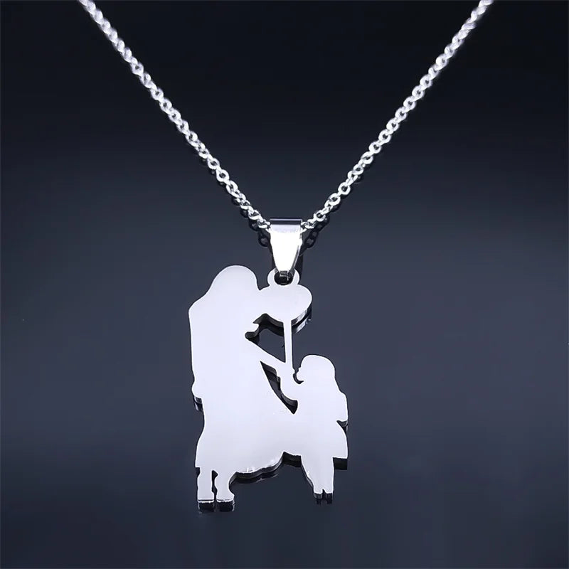 Mother Kids Stainless Steel Silver Color Mom Daughter Love Heart Necklace