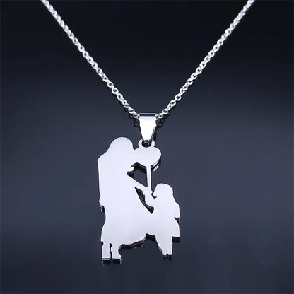 Mother Kids Stainless Steel Silver Color Mom Daughter Love Heart Necklace