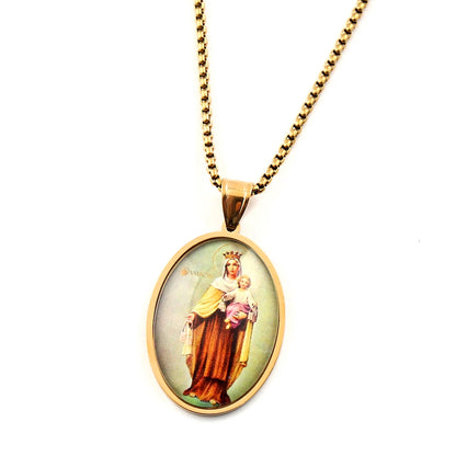 Women Men Stainless Steel Gold Color Catholic Amulet Virgin Mary Hold Baby Jesus Glass Medal Pendant Necklace