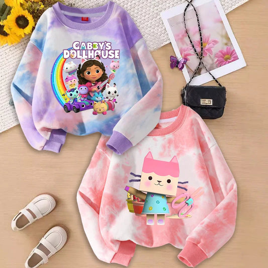 Gabby Dollhouse Kids Boys Girls Sweatshirt Anime Cartoon Cute Tie-dye Fashion Round Neck Tops