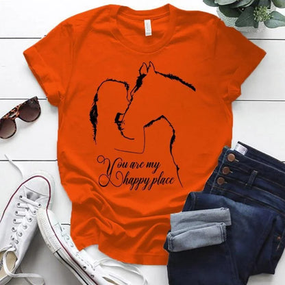 Funny Horse You Are My Happy Place Print Women Short Sleeve Tee Shirts Tops