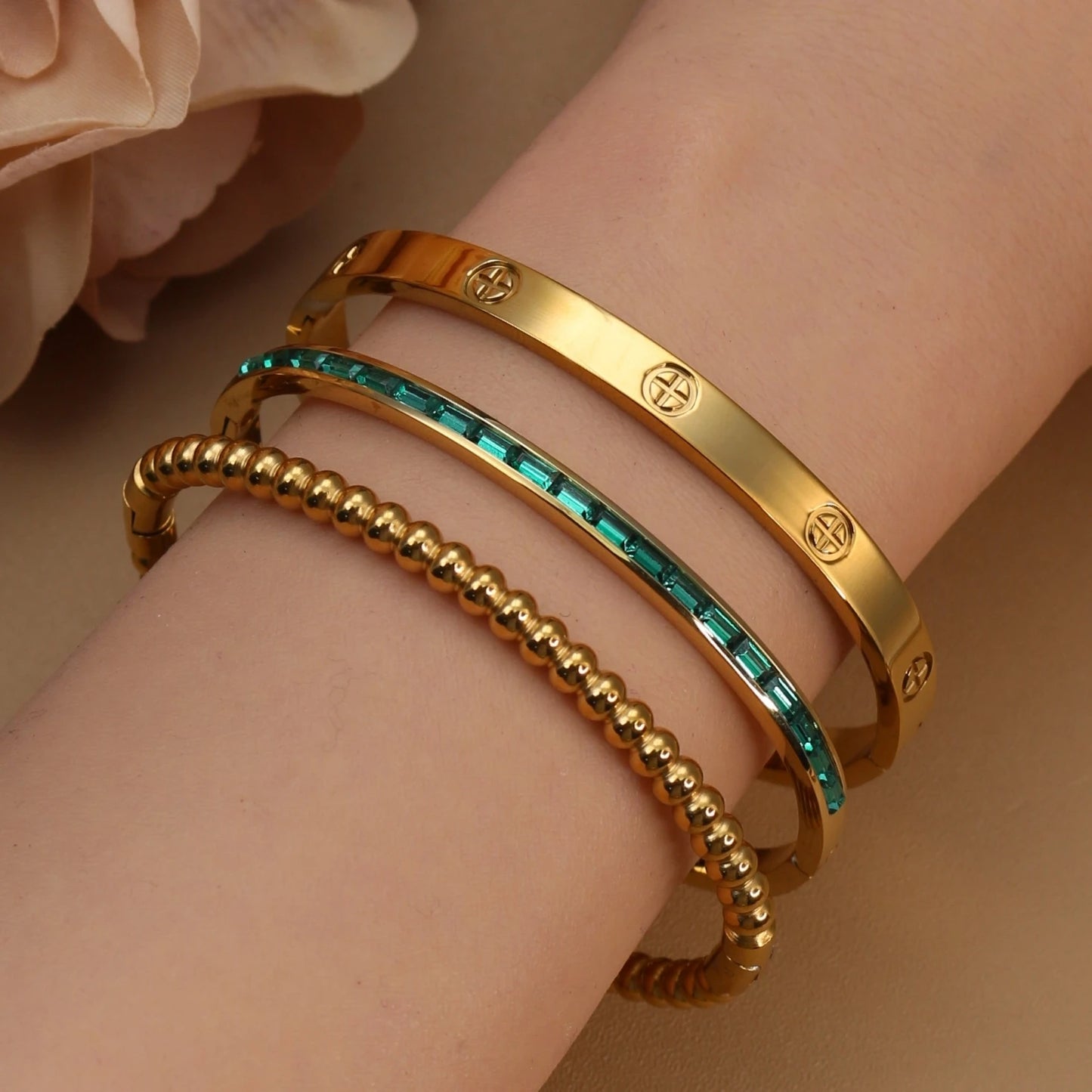 Women 18k Gold Plated Stainless Steel Green Zircon Bangles Bracelet Set Gift.