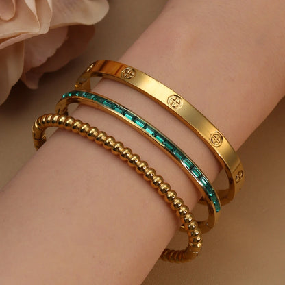 Women 18k Gold Plated Stainless Steel Green Zircon Bangles Bracelet Set Gift.