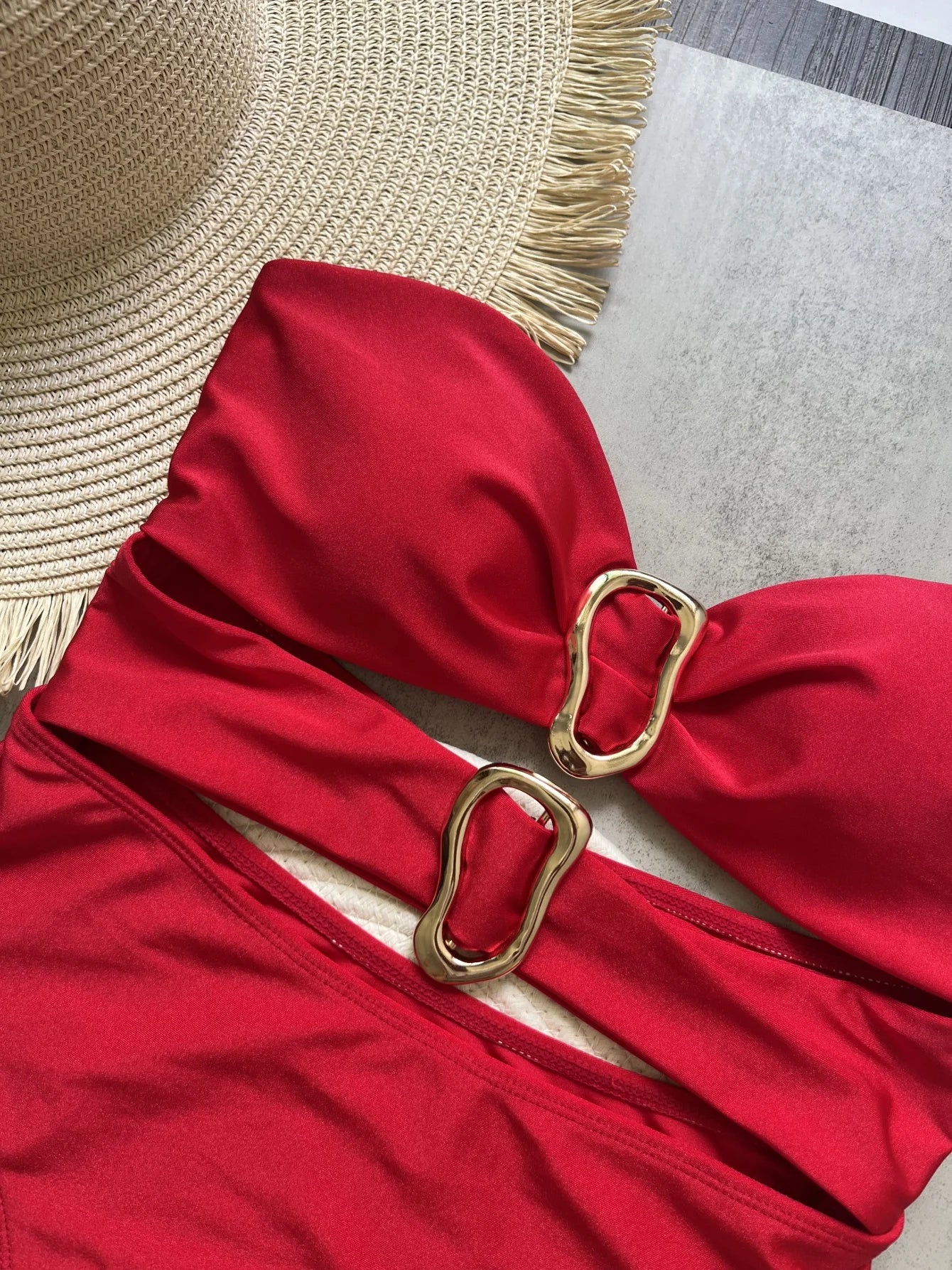 One-Piece Women Removable Shoulder Strap Ring Linked Bikini Monokini Backless Hollow Out Beach Swimsuit