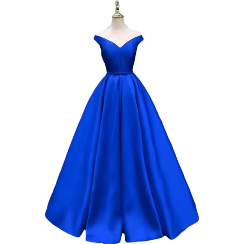 Off-Shoulder A-Line Satin Formal Women Prom Long Evening Party Gown Dress w/ Pockets
