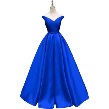 Off-Shoulder A-Line Satin Formal Women Prom Long Evening Party Gown Dress w/ Pockets