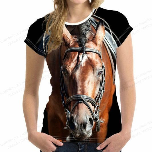 Women Horse 3d Print Fashion Short Sleeve Loose Tops Tees Shirt