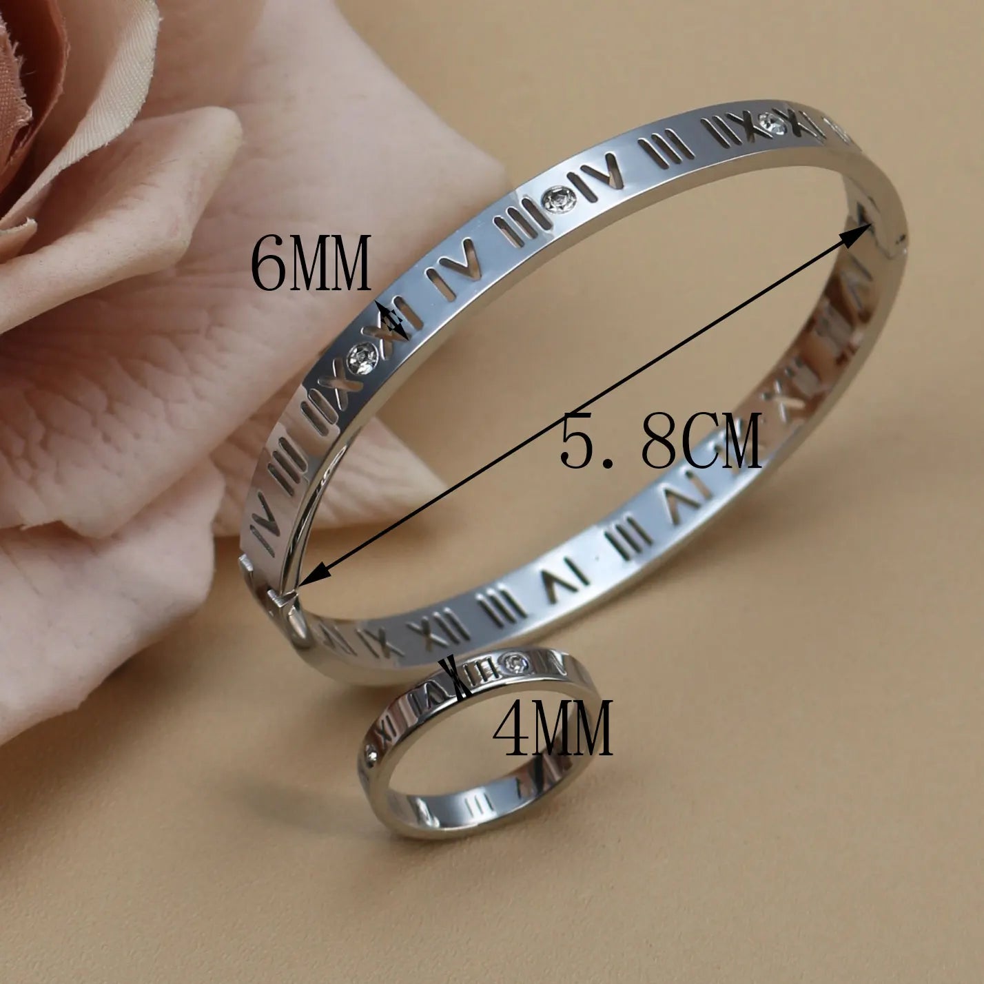 Stainless Steel 18K gold plated Roman Numeral Bracelet Bangles Ring 2-in-1 Jewelry
