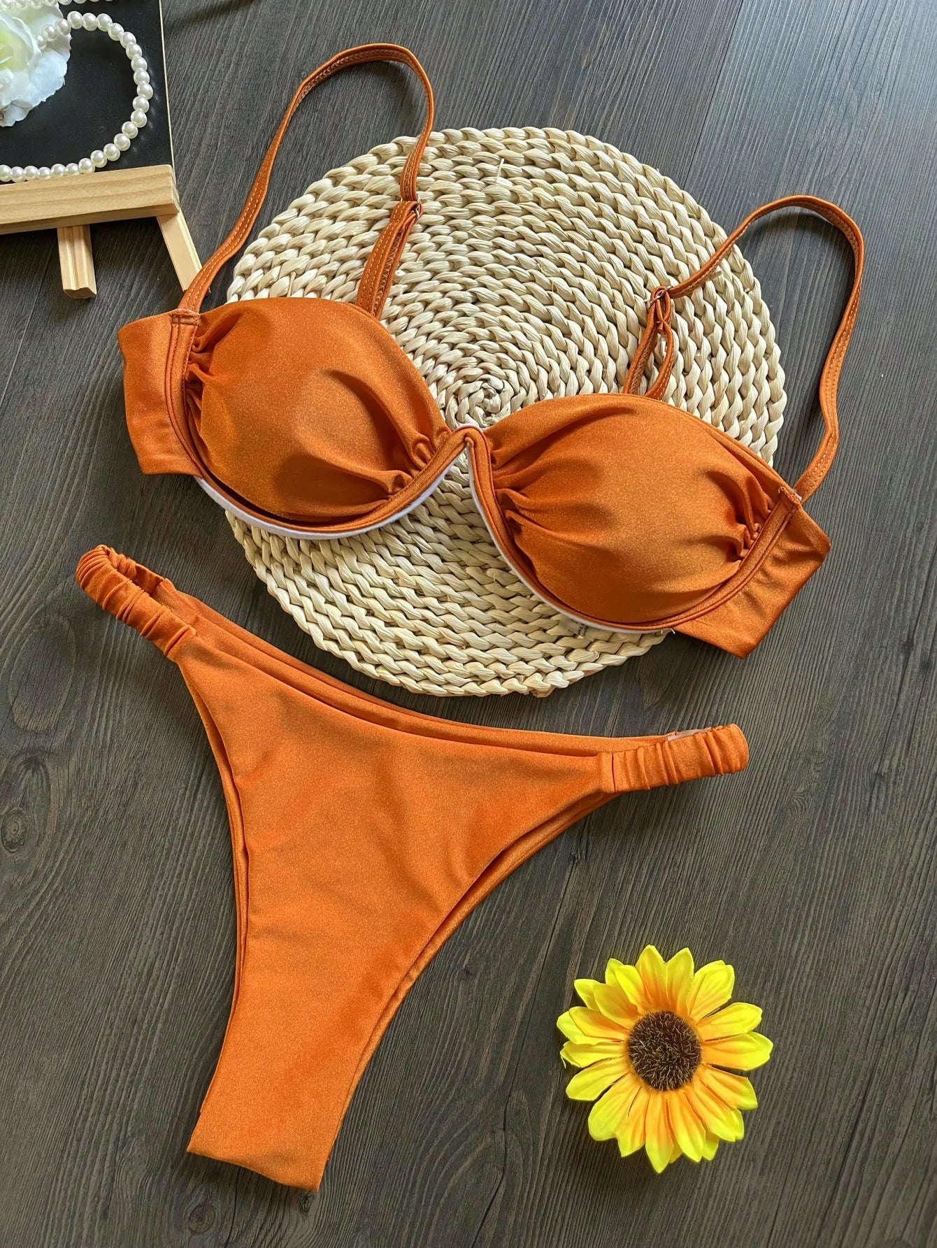Sexy 3D Flower Women V Wire Underwired Micro Mini Pleated Thong Swimsuit Beach Bathing Suit