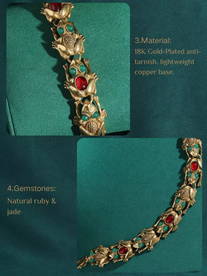 Women Vintage Adjustable Frog Natural Stone Eyes 18K Gold Plated Charm Bracelet