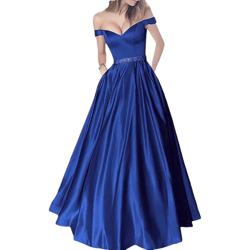 Women Off The Shoulder Beaded Satin V Neck Corset A Line Long Formal Prom Evening Party Gown Dress w/Pocket