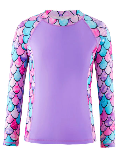 2pcs Kids Girls Long-Sleeved Scale Print Tops Boyleg Swim Shorts Swimwear Suit