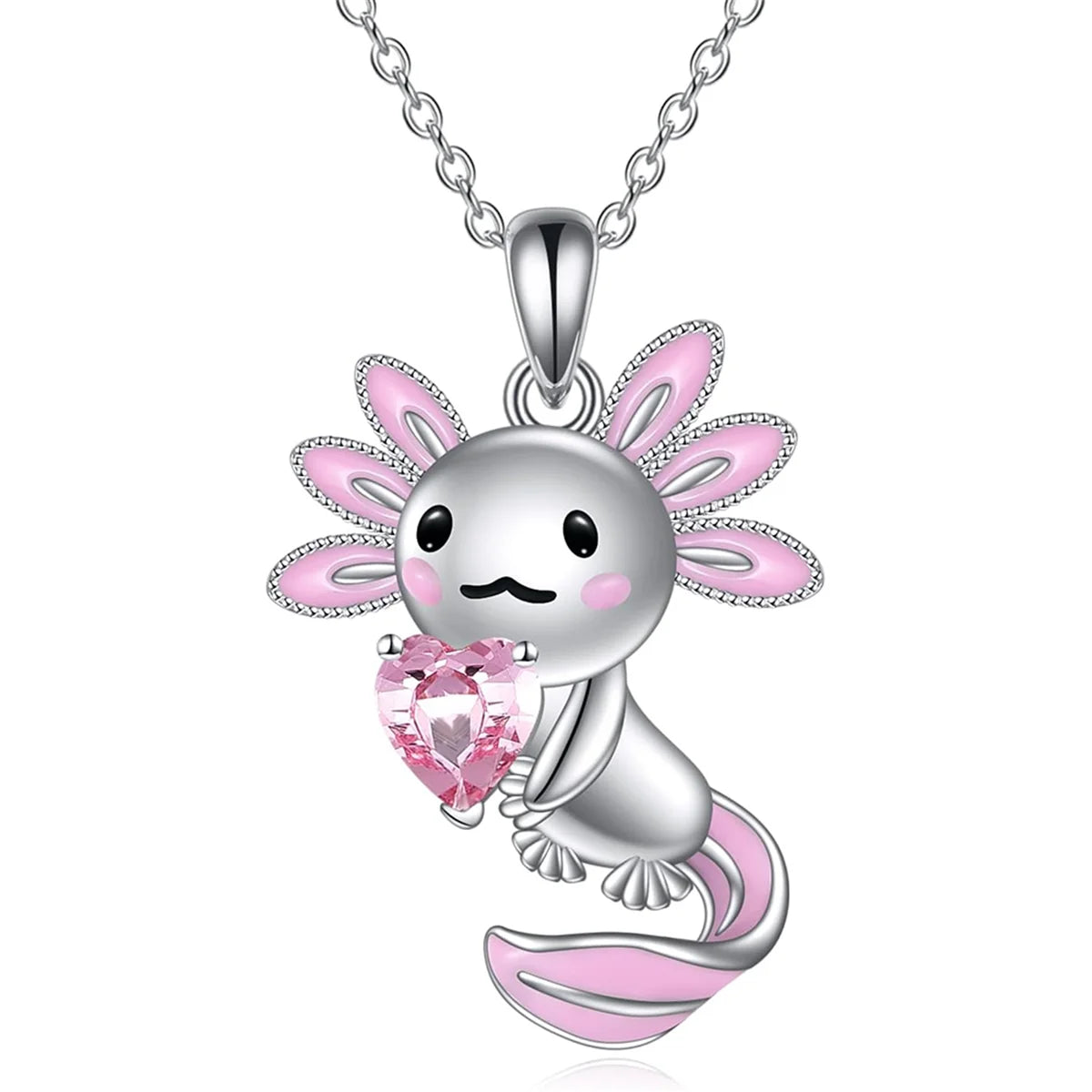 Women Elegant Creative Cute Pink-ear Axolotl Heart Crystal Pendant Necklace