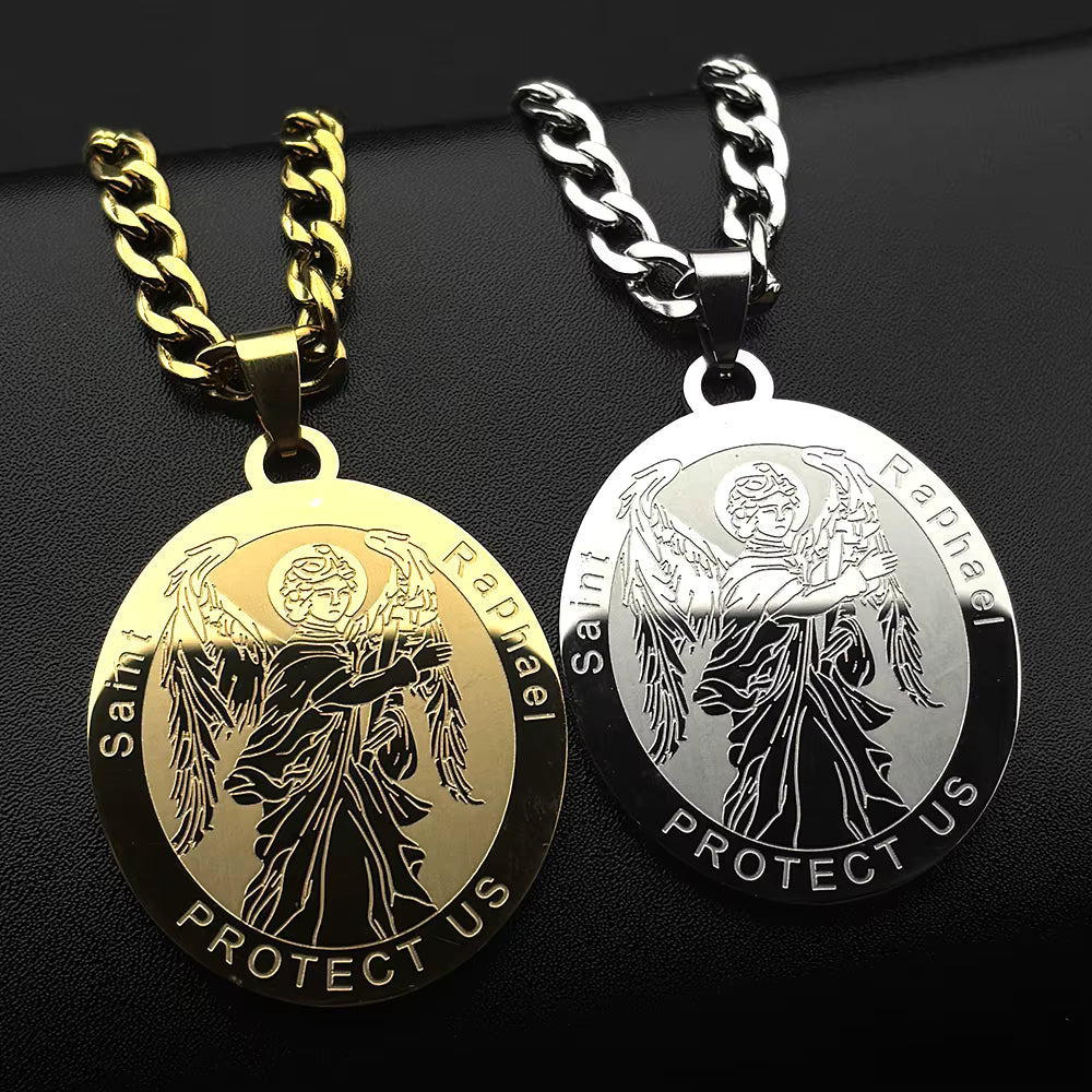 Women Men Gold Color Stainless Steel Christian Archangel Saint Raphael Protect Us Medal Pendant Necklace