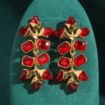 Vintage Large Red Crystal Square Leaf Bohemian Luxury Designer Women's Earrings