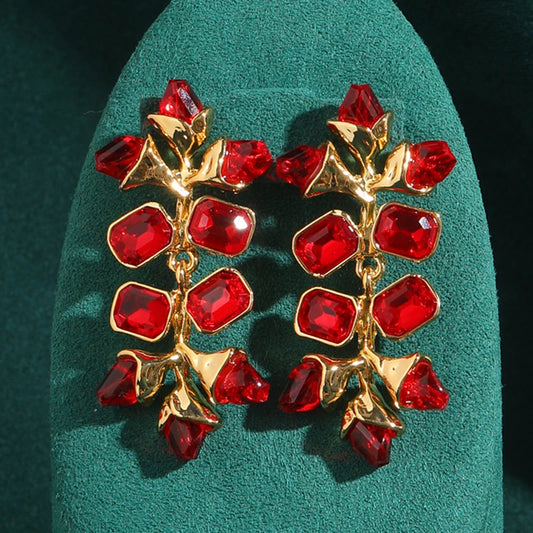 Vintage Large Red Crystal Square Leaf Bohemian Luxury Designer Women's Earrings