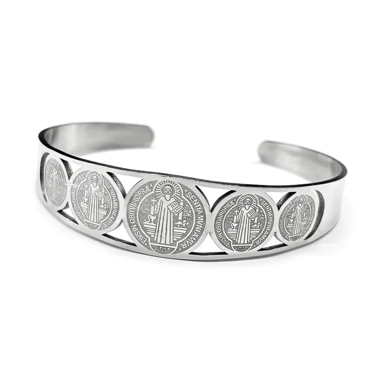 Women Men Stainless Steel Gold Color San Benito Religious Catholic Saint Benedict Adjustable Bracelet