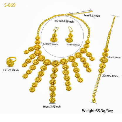 Italian Dubai Women Design 24K Gold Color Wedding Party Necklace Earrings Ring Bracelet Gift