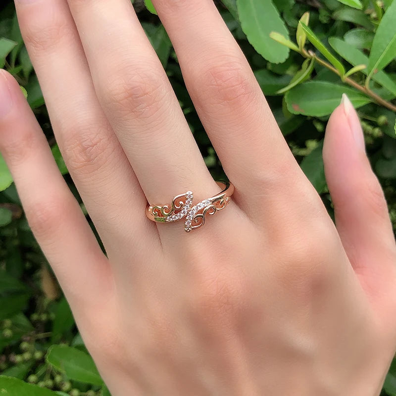 Women 585 Rose Gold Luxury Butterfly Pattern Natural Zircon Micro Wax Inlay Wedding Ringsf