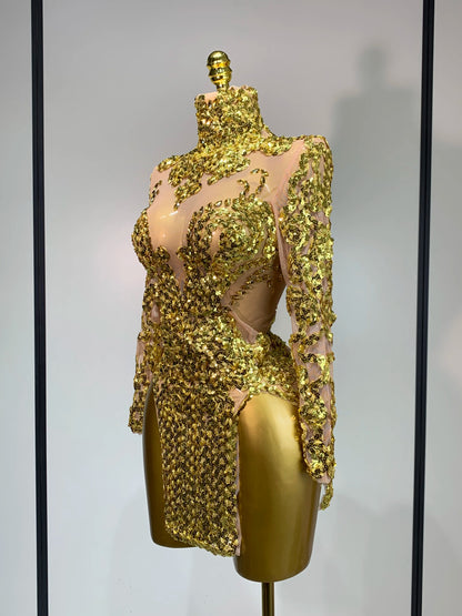 Sparkly Silver Gold Sequins Shor Sexy High Slit Nightclub Evening Party Birthday Dress