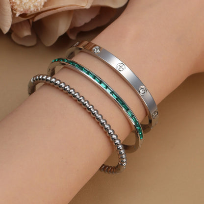 Women 18k Gold Plated Stainless Steel Green Zircon Bangles Bracelet Set Gift.
