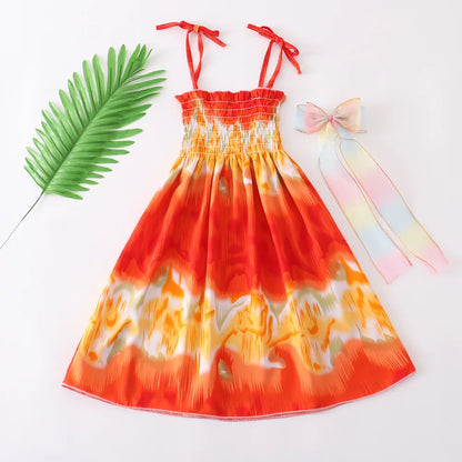 Kids Girls Floral Sling Ruffles Bohemian Beach Princess Birthday Party Dress w/ Necklace