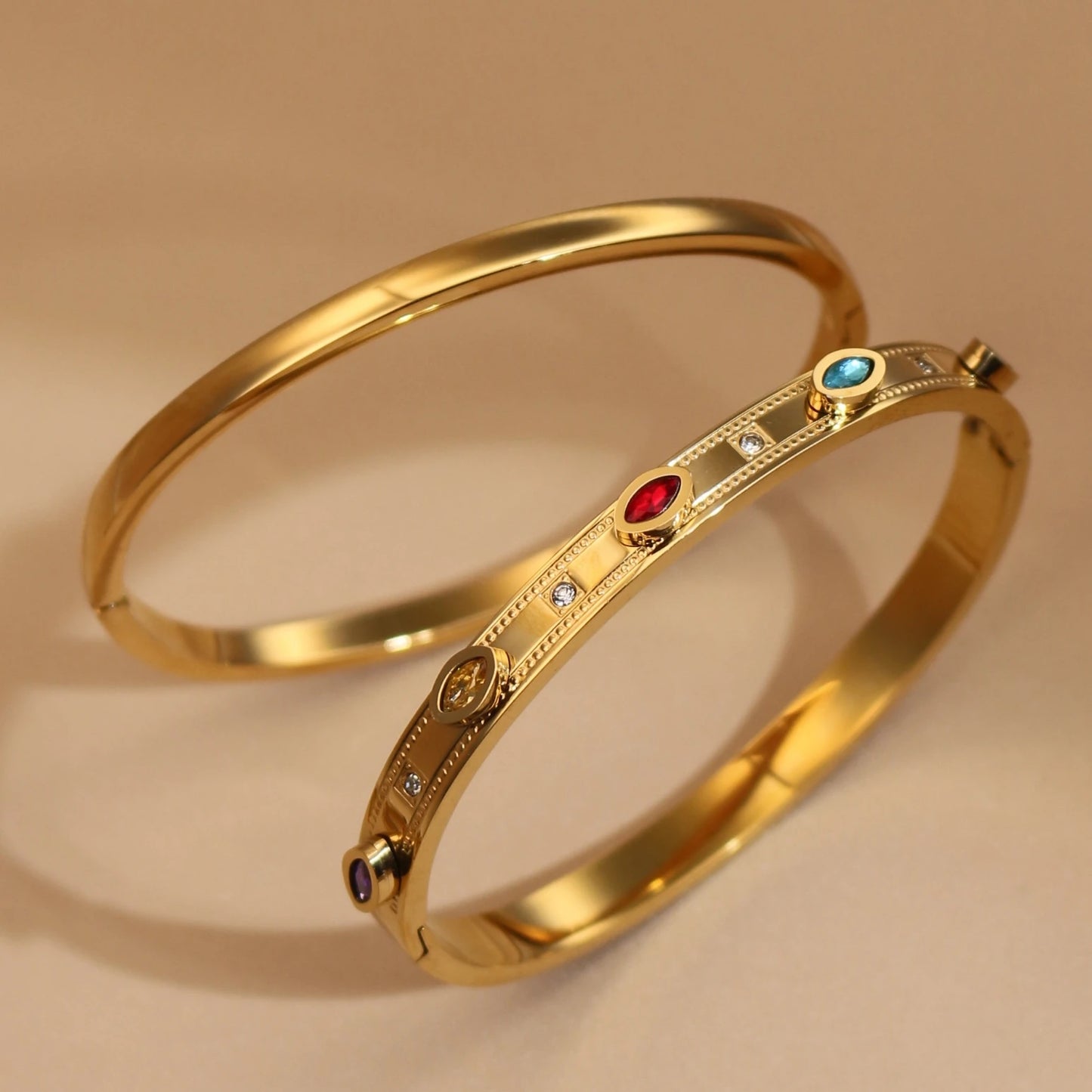 2-in-1 Women 18 K Gold Plated Zircon Stainless Steel Curved Bracelet Gift Bangle
