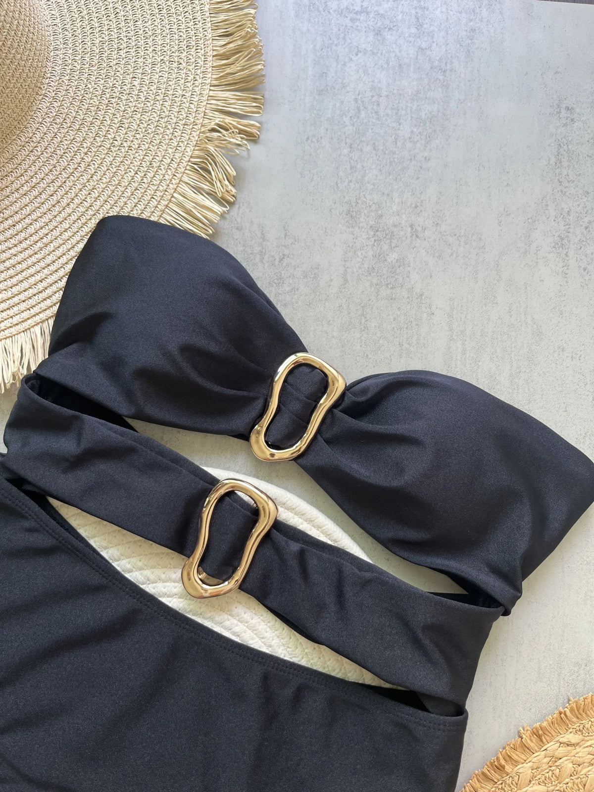 Sexy Metal Rings Cut Out Swimwear One Piece Swimsuit High Leg Cut Bather Bathing Suit