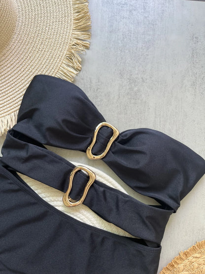 Sexy Metal Rings Cut Out Swimwear One Piece Swimsuit High Leg Cut Bather Bathing Suit