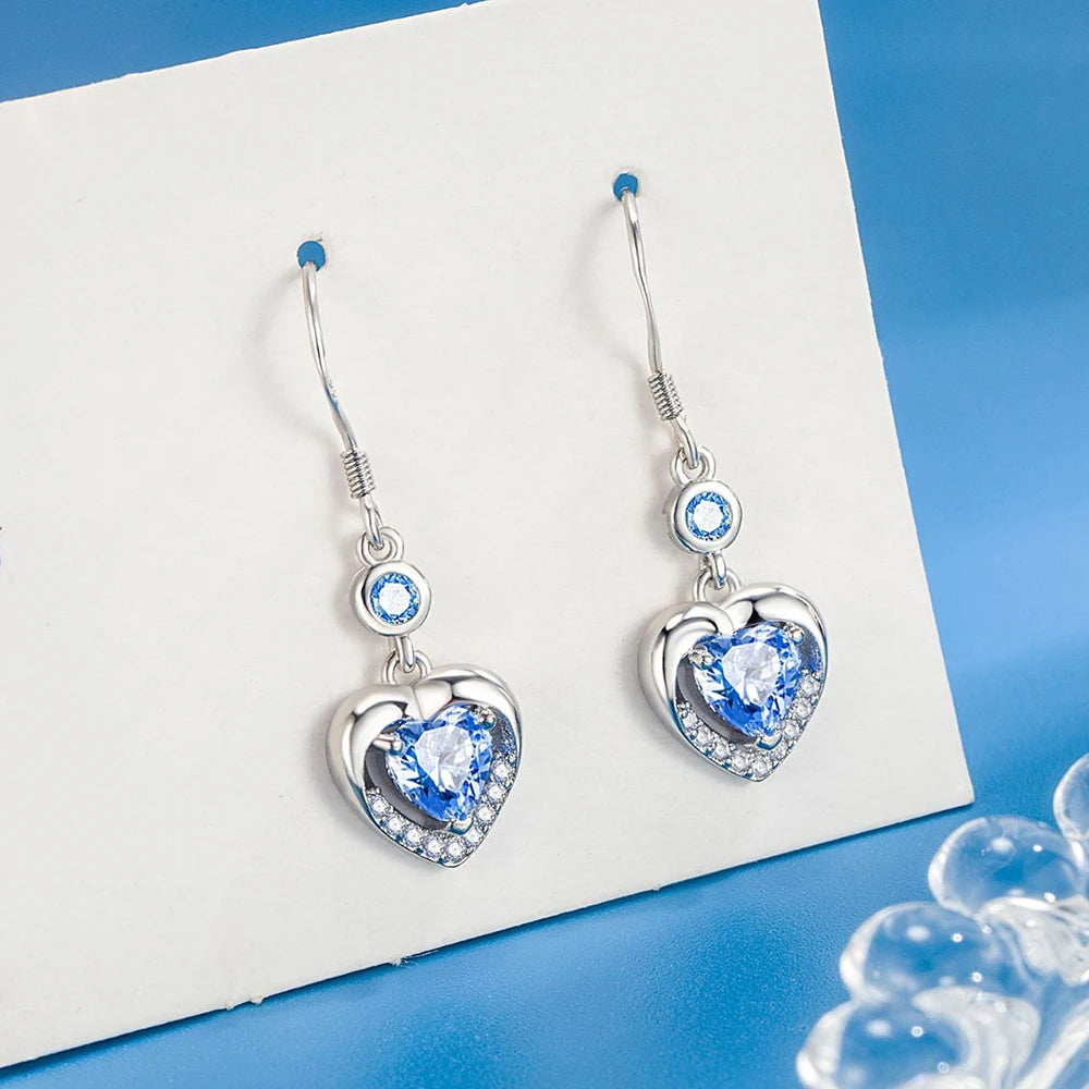 925 Sterling Silver Women's Bridal Wedding Crystal Heart Drop Earrings