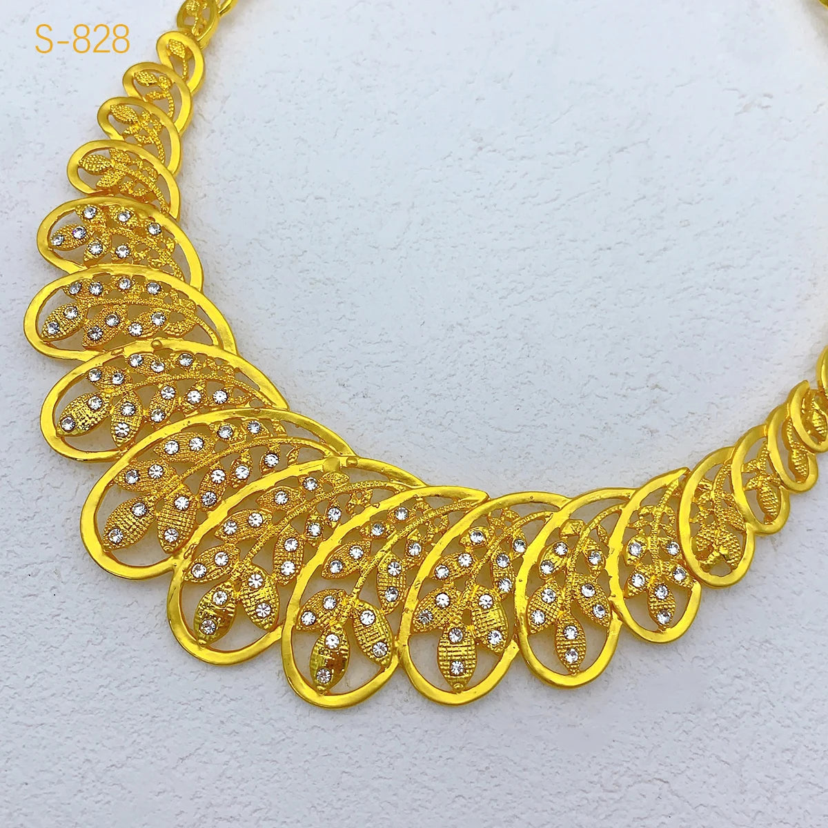 Women Wedding Dubai African Indian Flower Gold Plated Necklace Jewelry Sets