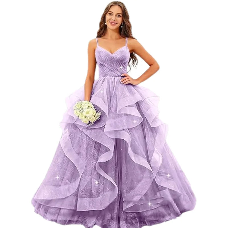 Sparkly Tulle Long Prom Spaghetti Straps Ball Glitter Tulle A-line Formal Evening Party Gown Dress