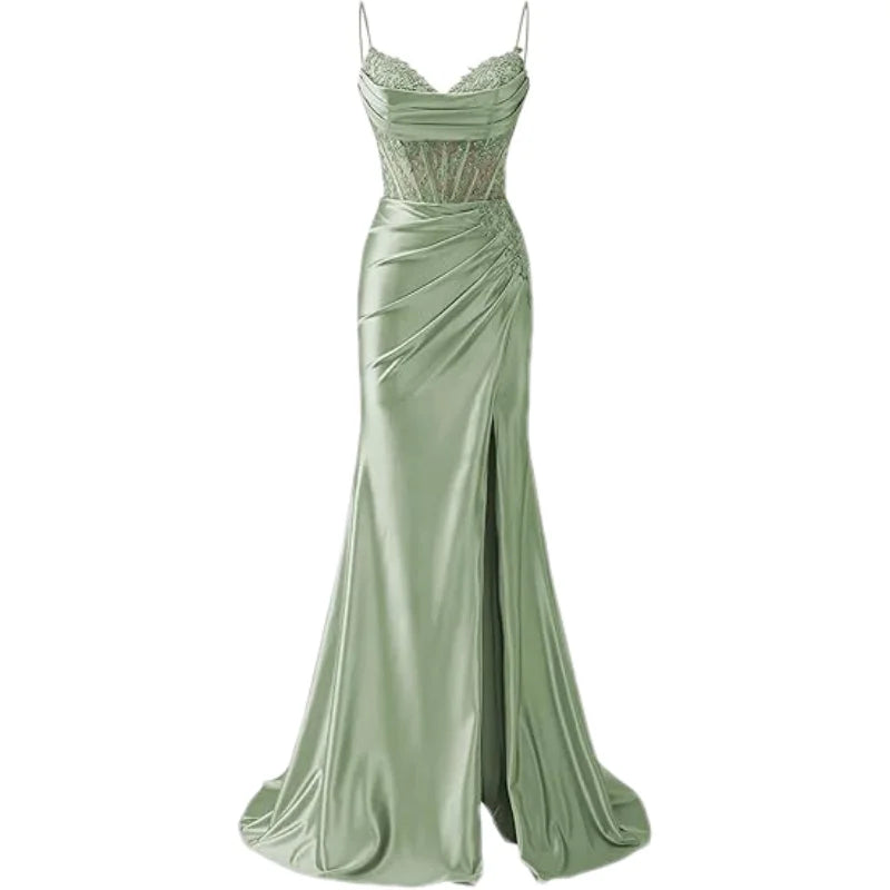 Lace Appliques Satin Prom Women w/ Slit Spaghetti Strap Backless Long Mermaid Evening Formal Dress Gown
