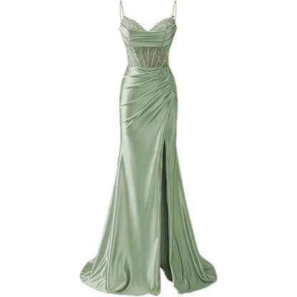 Lace Appliques Satin Prom Women w/ Slit Spaghetti Strap Backless Long Mermaid Evening Formal Dress Gown