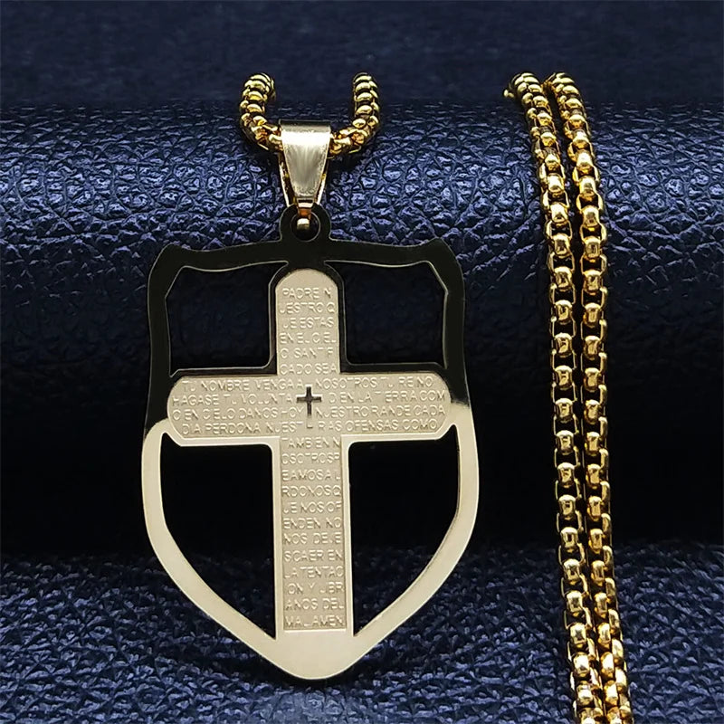 Spanish Religious Catholic Holy Bible Verse Projection Cross Heart Stainless Steel Necklace