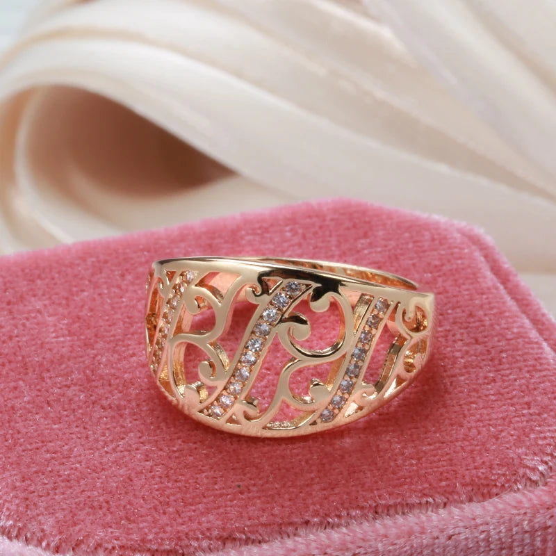 Women Rose Gold 585 Natural Zircon Polishing Hollow Flower Pattern Vintage Bride Wedding Rings