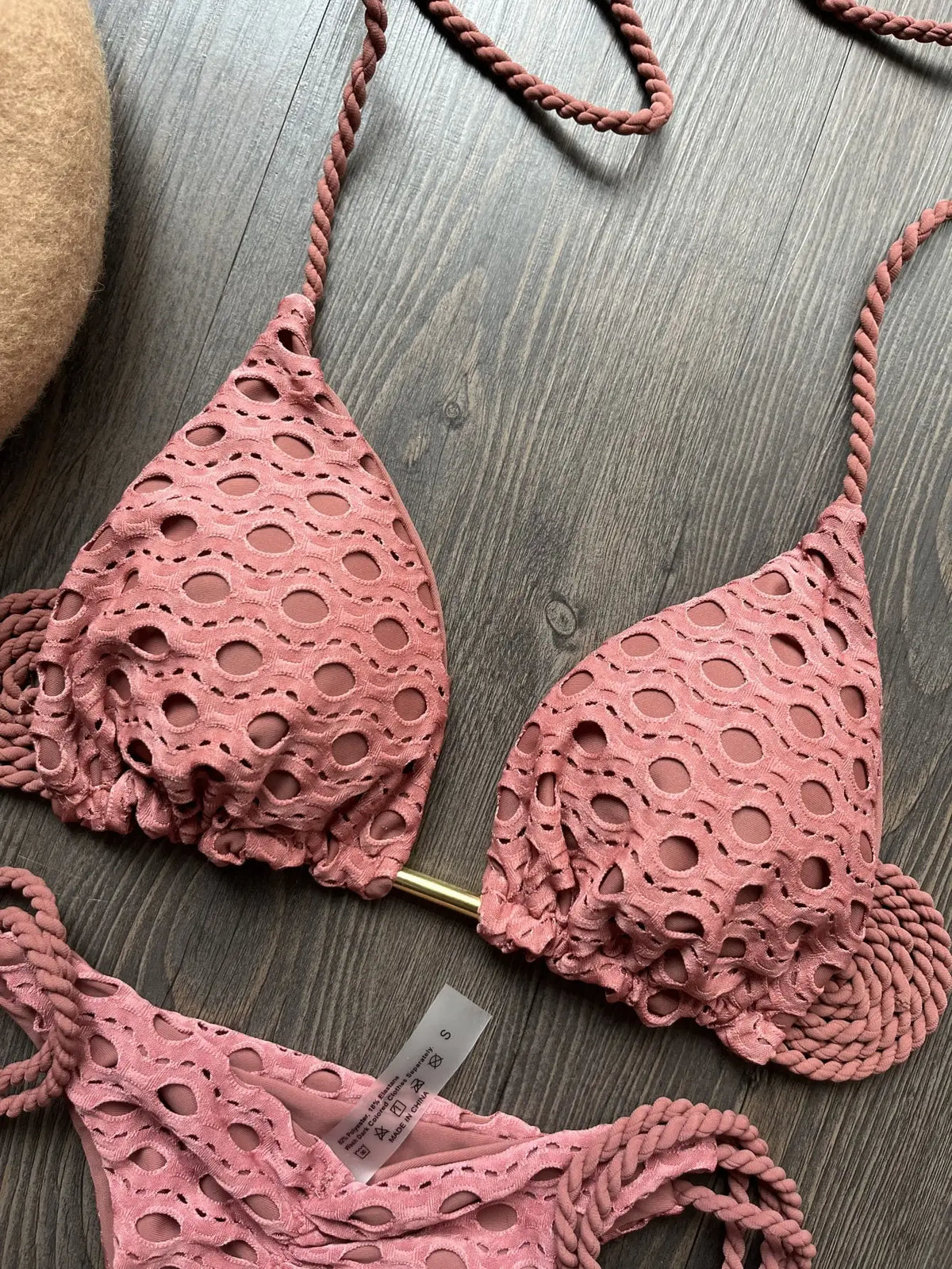 sexy women's split triangle Solid color hollow fabric braided strap bikini swimsuit
