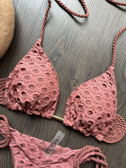sexy women's split triangle Solid color hollow fabric braided strap bikini swimsuit