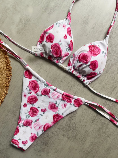 Micro Women Swimsuit Brazilian Bikini Halter Print Push Up Pearl Beachwear Suit
