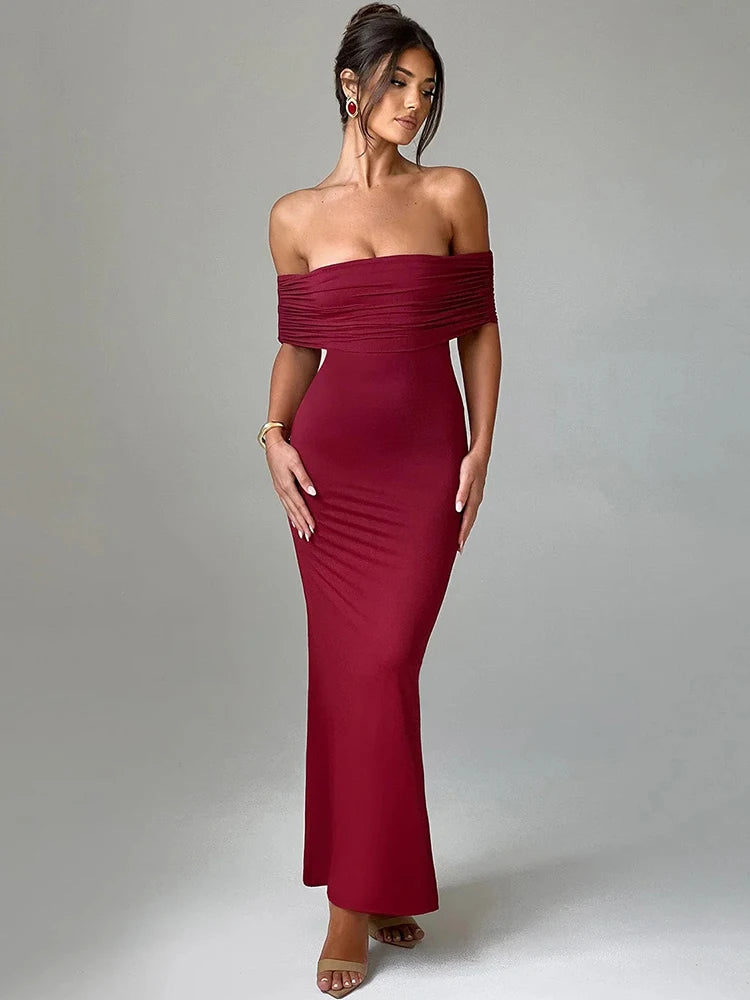 Women Strapless Backless Maxi Solid Off-shoulder Sleeveless Bodycon Long Dress