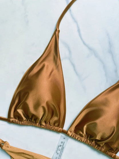 High Cut Halter Brazilian Metallic Satin Women Swimwear Swimsuit Two-pieces Bikini Set