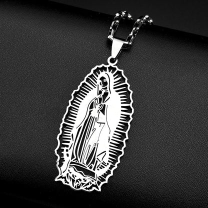 Women Men Stainless Steel Gold Color Our Lady of Guadalupe Hollow Catholic Virgin Mary Pendant Necklace
