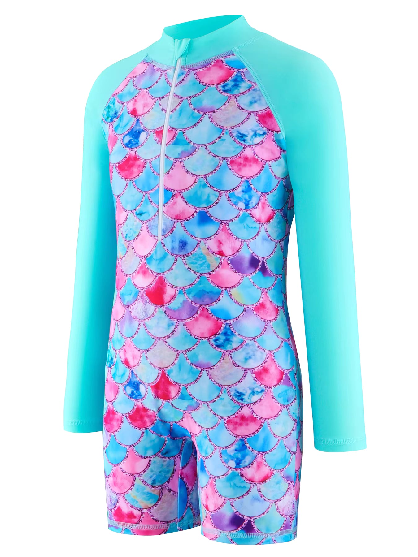 Girls Kids One-Piece Long Sleeve Sport 3D Scale Print Beach Boyleg Shorts Swimming Bathing Swimsuit Suit