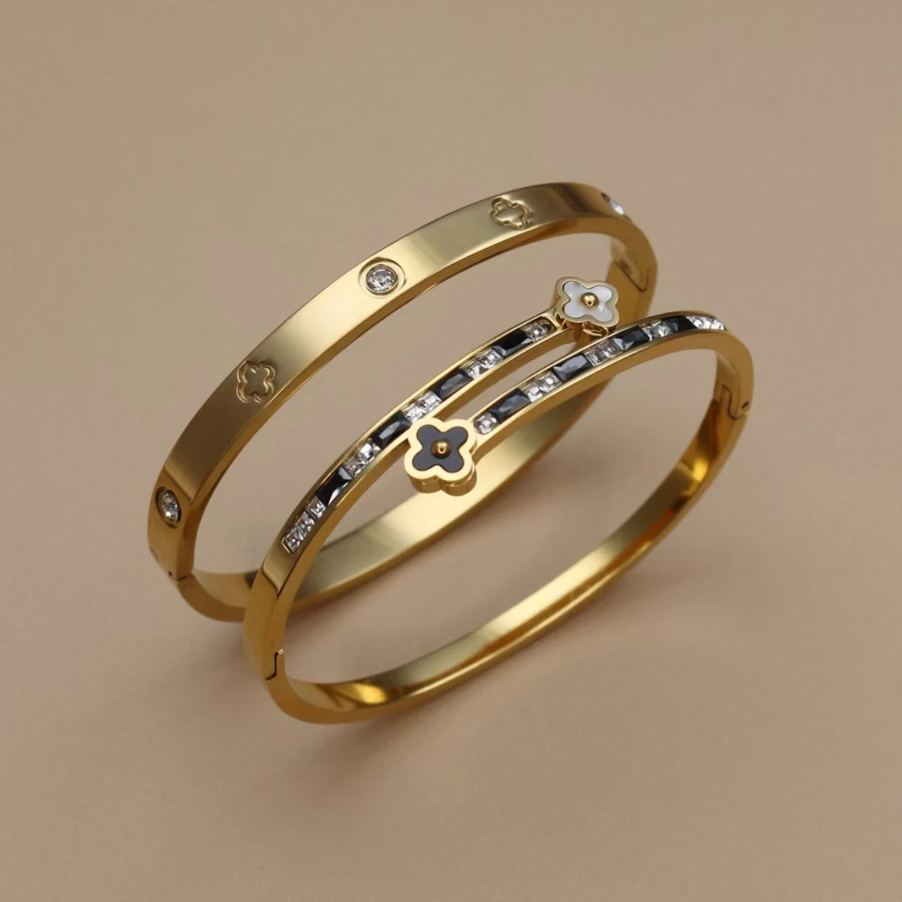 Stainless Steel Bangle Four-leaf Clover Crystal Design Stacking Bracelet Bangle