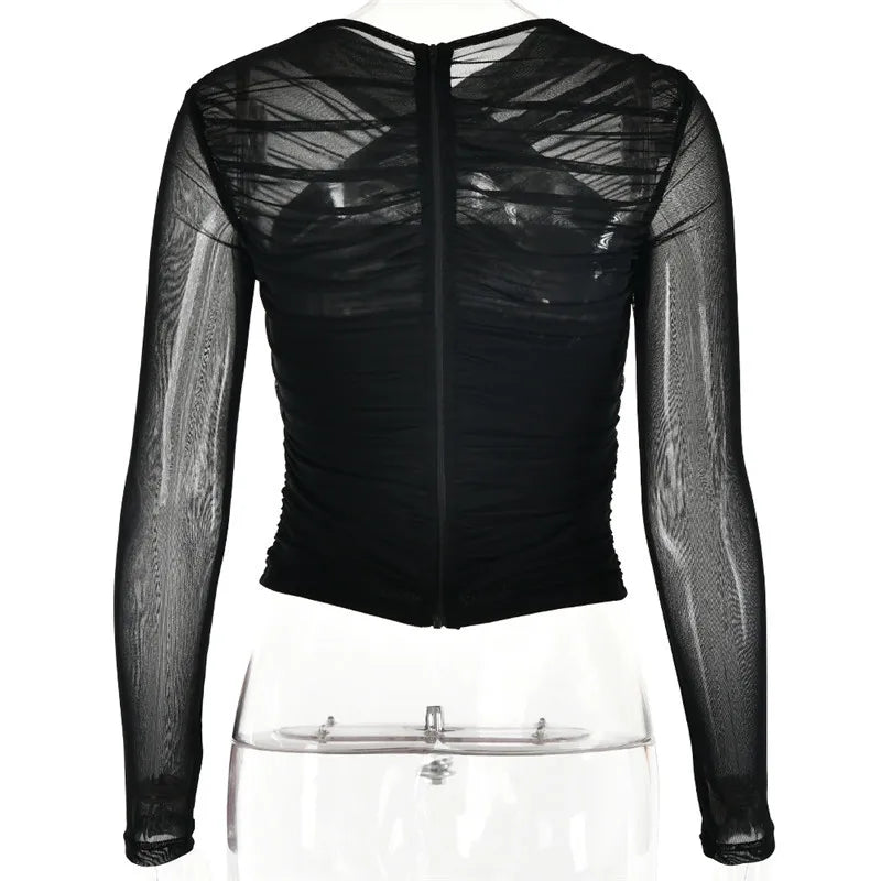 Women Sheer Mesh Long Sleeve V Neck Zipper Layered Skinny Club Party Sexy Tops Shirt